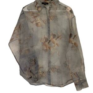 FOREVER 21 Women’s Ethereal Sheer Button Down Blouse with Cherub Print Size L